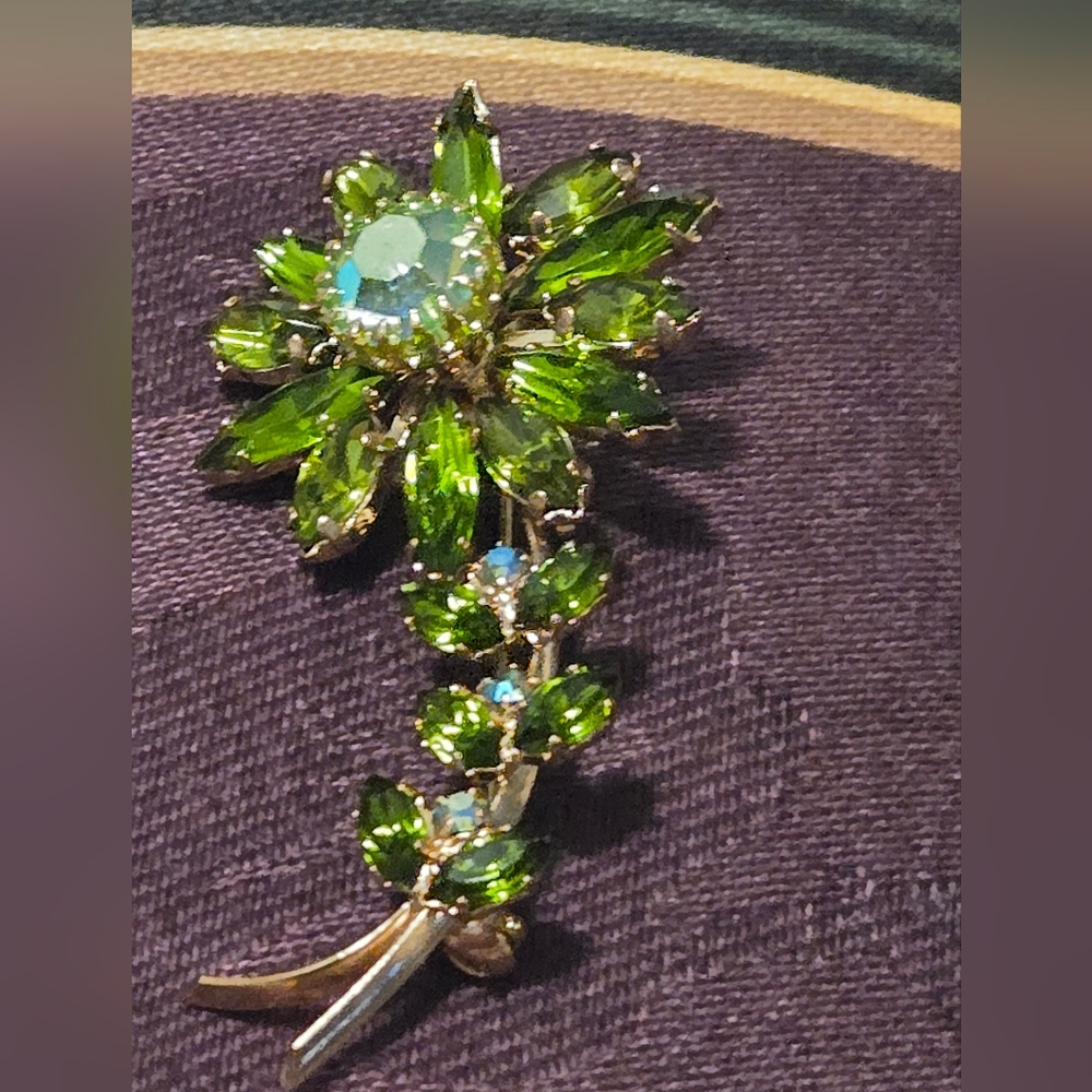 Vintage JULIANA Huge Flower Blossom Green Rhinestone Brooch